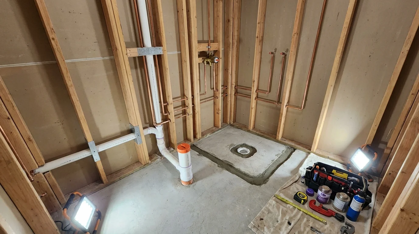 Bathroom rough-in plumbing during remodel by Johns Plumbing LLC in Heflin