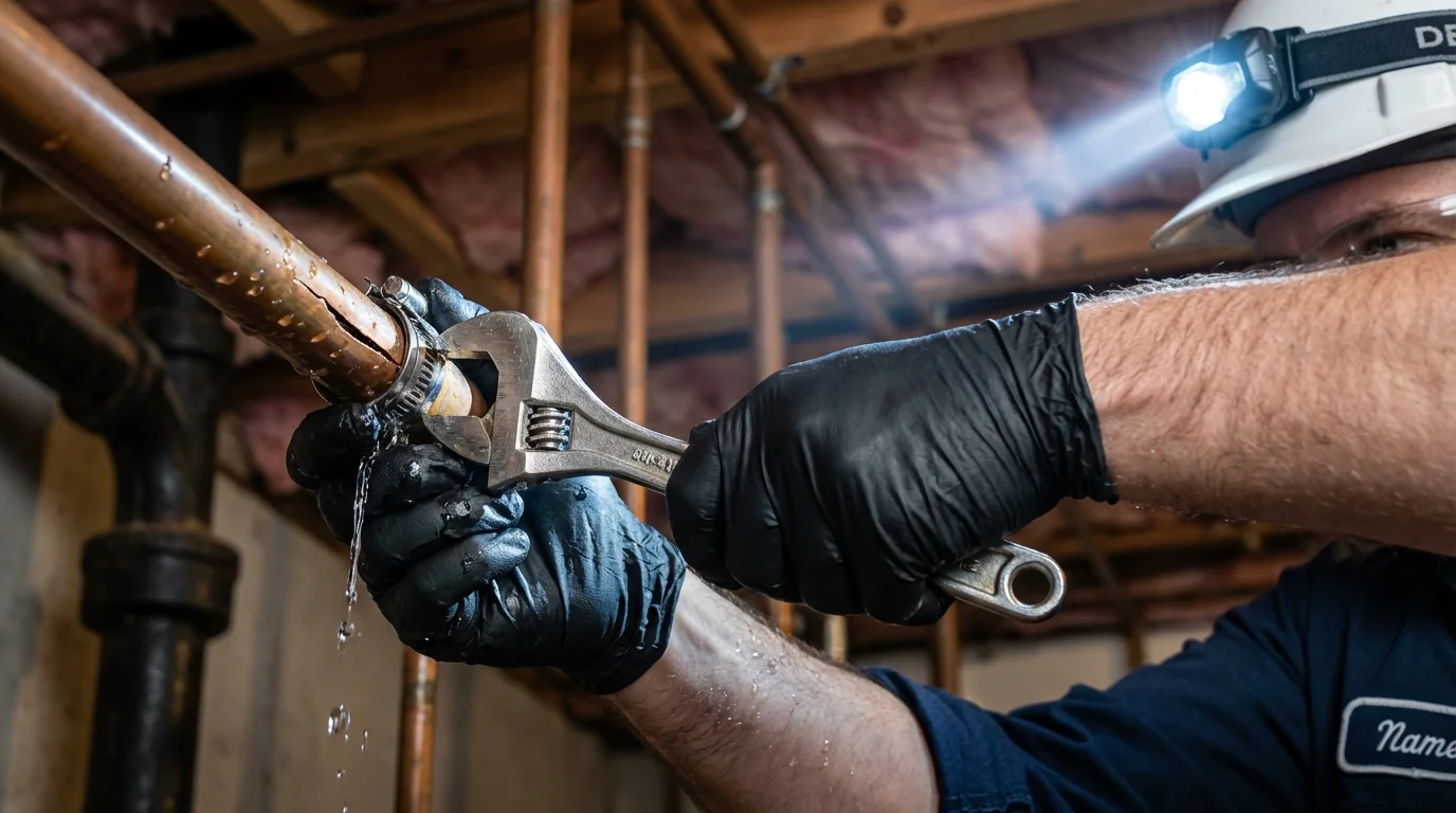 Emergency pipe clamp repair being performed by a Johns Plumbing LLC plumber in Heflin