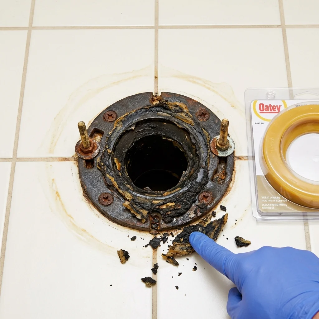 Failed wax ring showing water seepage at the base of a toilet in a Heflin, AL home