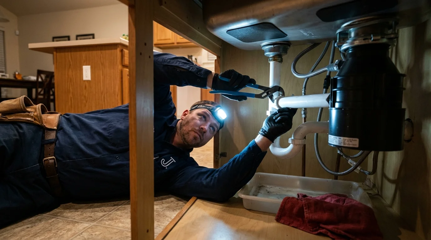P-trap and supply line connections under a kitchen sink showing a common leak point in Heflin, AL
